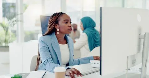 Documents, computer and business black woman in office for financial review, kpi Stock Photos