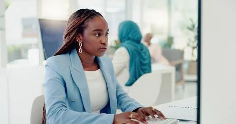 Documents, computer and business black woman in office for financial review, kpi Stock Photos