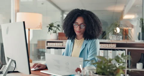 Documents, computer and glasses with business woman in office for tax filing Stock Footage 316154570