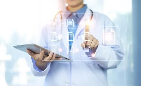 Documents concept, Doctor use computer connection server data base patient .. Stock Photos