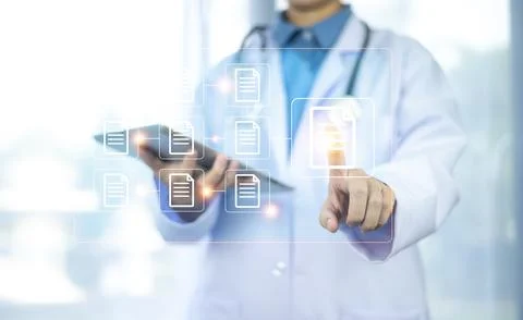 Documents concept, Doctor use computer connection server data base patient .. Stock Photos