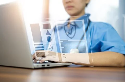 Documents concept, Doctor use computer connection server data base patient .. Foto stock