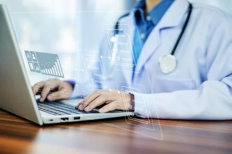 Documents concept, Doctor use computer connection server data base patient .. Stock Photos