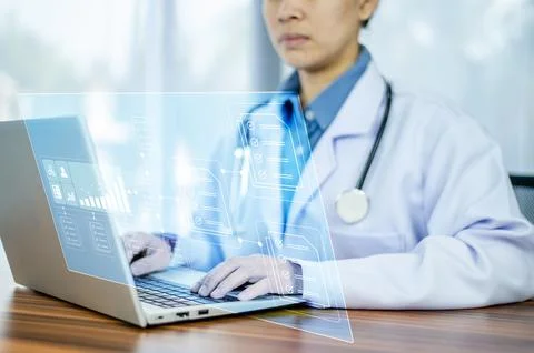 Documents concept, Doctor use computer connection server data base patient .. Stock Photos