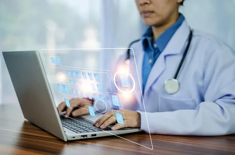 Documents concept, Doctor use computer connection server data base patient .. Foto stock