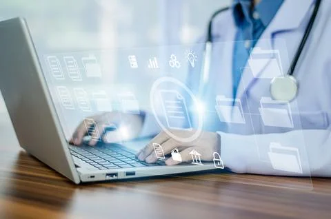 Documents concept, Doctor use computer connection server data base patient .. Stock Photos