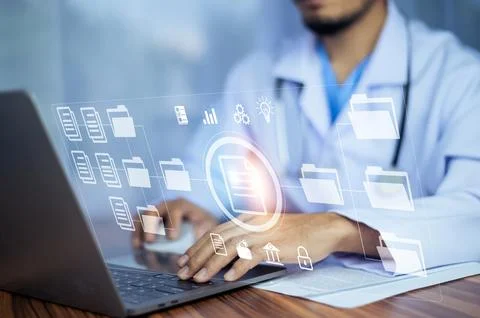 Documents concept, Doctor use computer connection server data base patient .. Stock Photos
