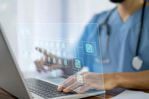 Documents concept, Doctor use computer connection server data base patient .. Stock Photos