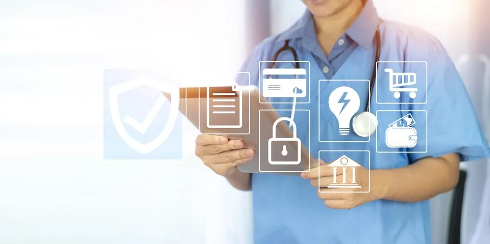 Documents concept, Doctor use computer connection server data base patient .. Stock Photos
