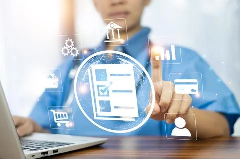 Documents concept, Doctor use computer connection server data base patient .. Stock Photos