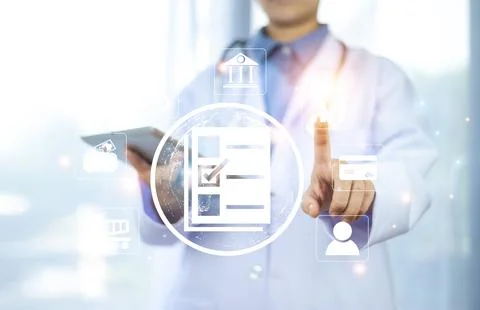 Documents concept, Doctor use computer connection server data base patient .. Stock Photos