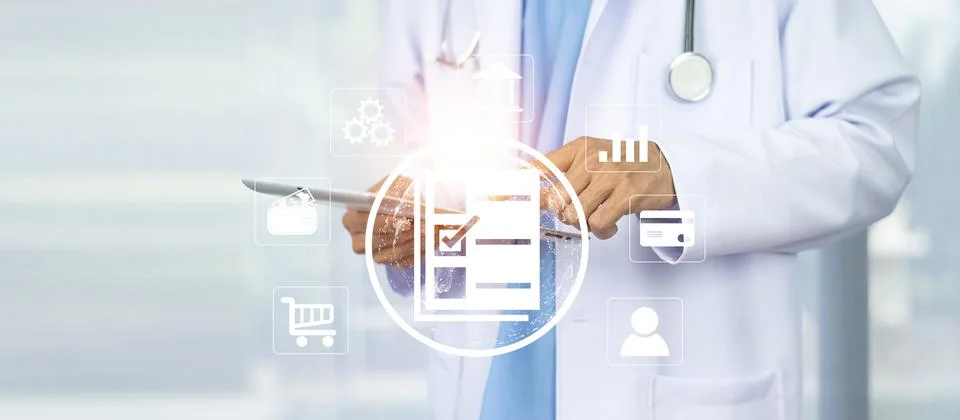 Documents concept, Doctor use computer connection server data base patient .. Stock Photos