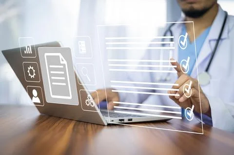 Documents concept, Doctor use computer connection server data base patient .. Foto stock
