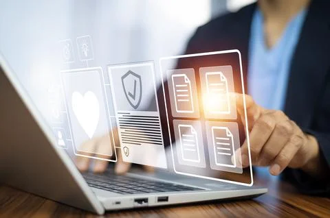 Documents concept, Doctor use computer connection server data base patient .. Foto stock
