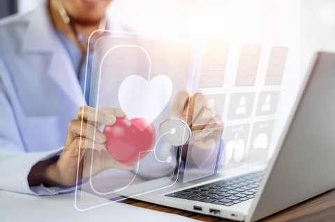 Documents concept, Doctor use computer connection server data base patient .. Foto stock