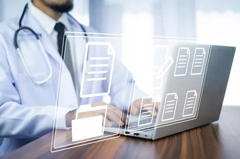 Documents concept, Doctor use computer connection server data base patient .. Foto stock