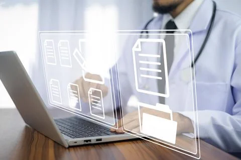 Documents concept, Doctor use computer connection server data base patient .. Stock Photos