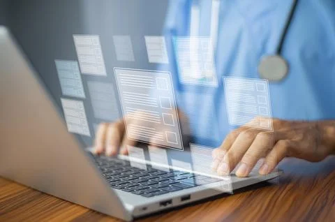 Documents concept, Doctor use computer connection server data base patient .. Stock Photos