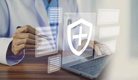 Documents concept, Doctor use computer connection server data base patient .. Foto stock