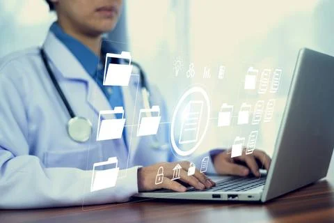 Documents concept, Doctor use computer connection server data base patient... Stock Photos