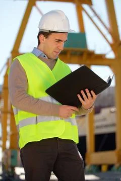Documents, construction site and man for inspection, reading building Fotos Stock