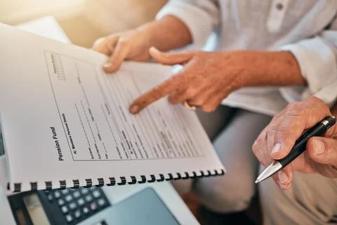 Documents, couple hands and pension funding, asset management and reading Stock Photos