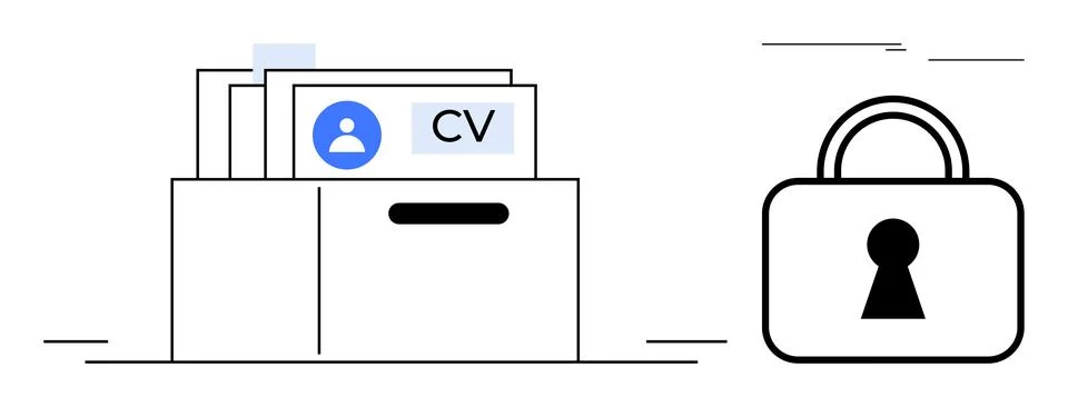 Documents with CVs in organizer next to padlock. Ideal for data security, pri Stock Illustration