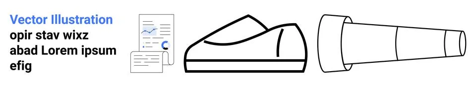 Documents with data graphs, sneaker, and telescope emphasizing analytics, bus Stock Illustration