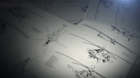 Documents for the development of military helicopters. the drawings are on th Stock Footage 194351183