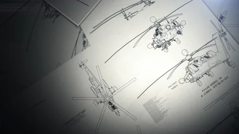 Documents for the development of military helicopters. the drawings are on th Stock Footage 194351241
