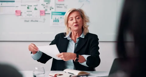 Documents, discussion and business people with candidate in office for Stock Footage 335928889