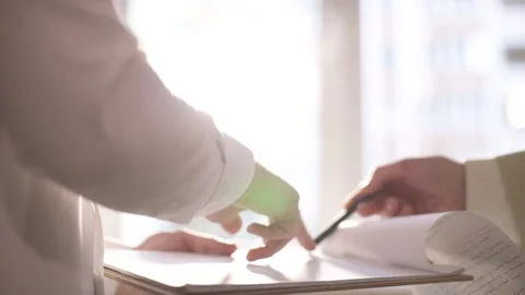Documents, discussion and hands of businessmen in the staff office. Stock Footage 299569295