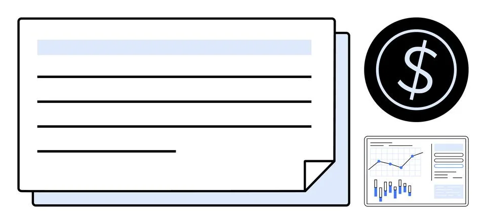 Documents, dollar symbol, and data charts showing financial analysis and budg Stock Illustration