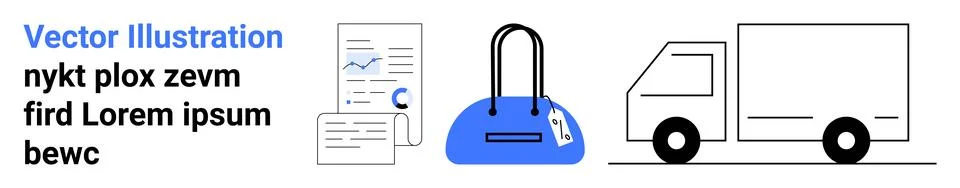 Documents featuring charts, blue handbag with tag, and a truck side view. Ide Stock Illustration