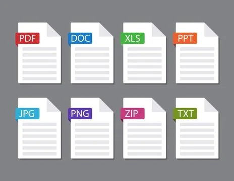 Documents File Format icon. File type isolated on gray background. PDF, DOC, XLS Illustrazione stock