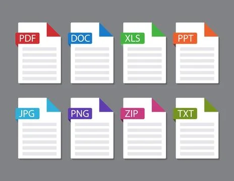Documents File Format icon PDF, DOC, XLS, PPT, JPG. PNG, ZIP, TXT Stock Illustration