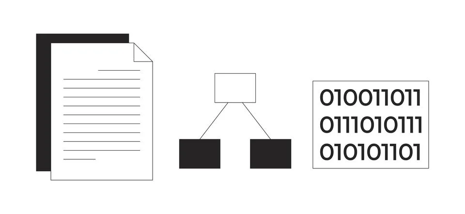 Documents, flowchart and binary code 2D line objects set Stock Illustration