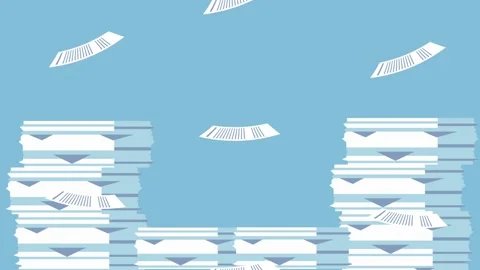 Documents flying from stacks of paper, office work concept, animated motion.. Stock Footage 334535668