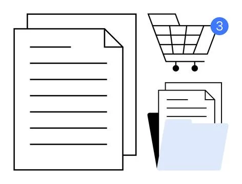 Documents, folder, and a shopping cart with a notification icon indicating th Stock Illustration