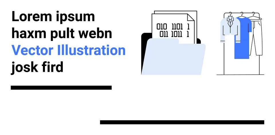 Documents in a folder with binary code beside clothing rack with shirts and j 库存插图