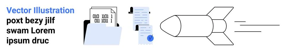Documents in folders, digital communication with email, and a dynamic rocket  Stock Illustration
