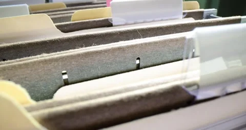 Documents in folders in stacks stored in secure drawers in office Stock Footage 264382036