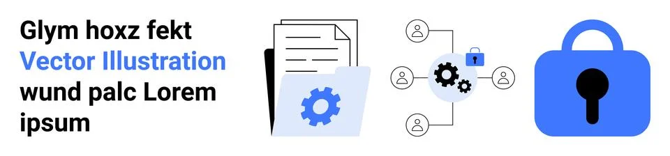 Documents with gears, user network with settings icon, lock icon for security Stock Illustration