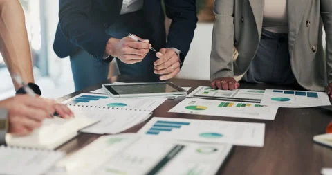 Documents, hands and business people in meeting with writing, data analysis and Stock Footage 335282219