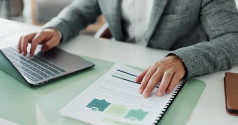 Documents, hands and laptop with financial man at desk in office for accounting Stock Footage 329343419