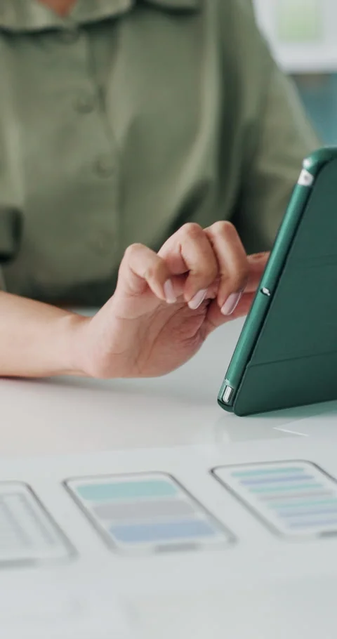 Documents, hands and woman with tablet in office for site layout, digital Stock Footage 319622848