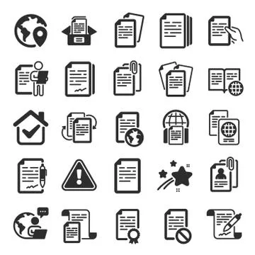 Documents icons. Copy files, Contract agreement, Passport. Certificate doc 库存插图