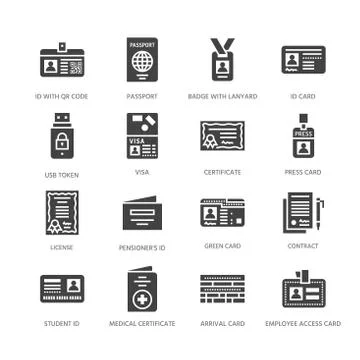 Documents, identity vector flat glyph icons. ID cards, passport, press access Stock Illustration
