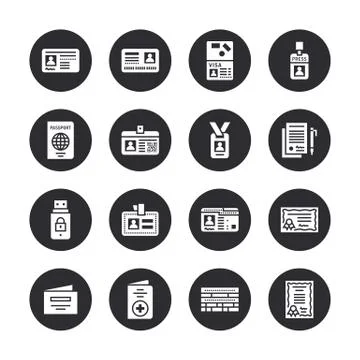 Documents, identity vector flat glyph icons. ID cards, passport, press access Stock Illustration