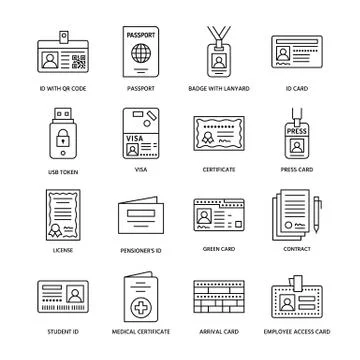 Documents identity vector flat line icons. ID cards, passport, press access Stock Illustration